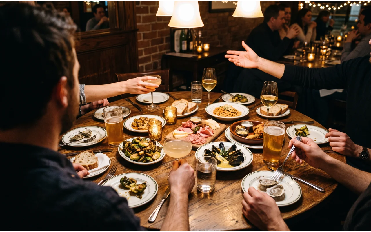 Friends gathered around a round table covered in shared plates and wine