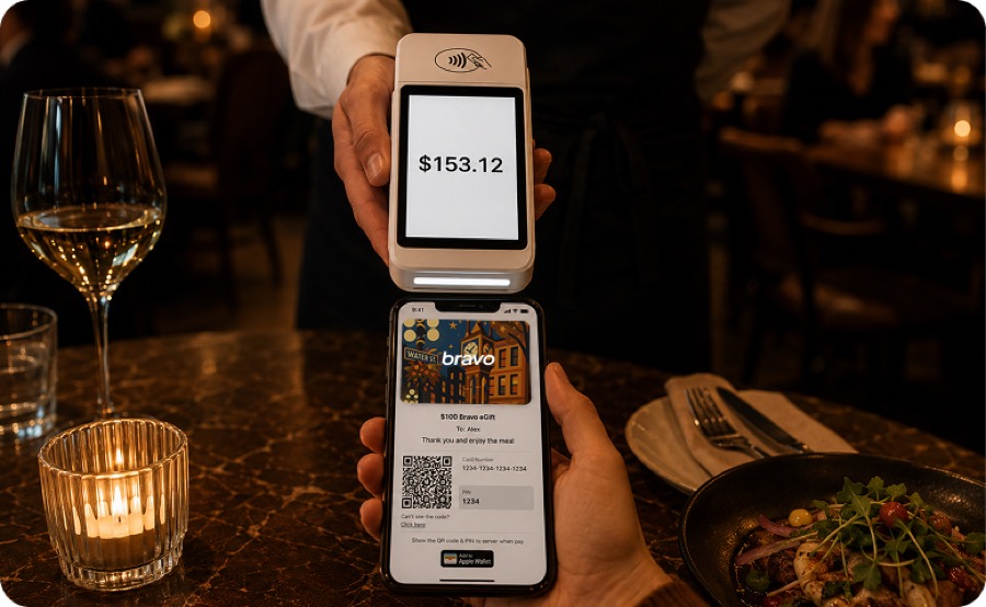 Paying with a Bravo eGift card QR code at a restaurant